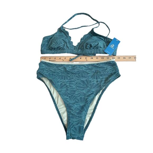 NEW Cupshe SWIMSUIT Women's BIKINI Set MED Scalloped Cross Back High Waist Green - Picture 6 of 15